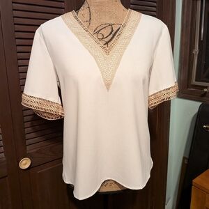 Elegant White With Tan Accent Trim Women's Top